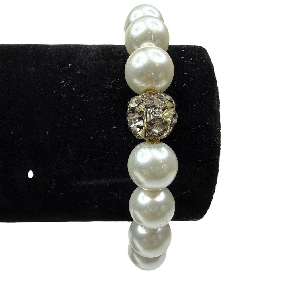 Elegant Faux Pearl & PaveRhinestone Stretch Bracelet Fashion Jewelry White Cream